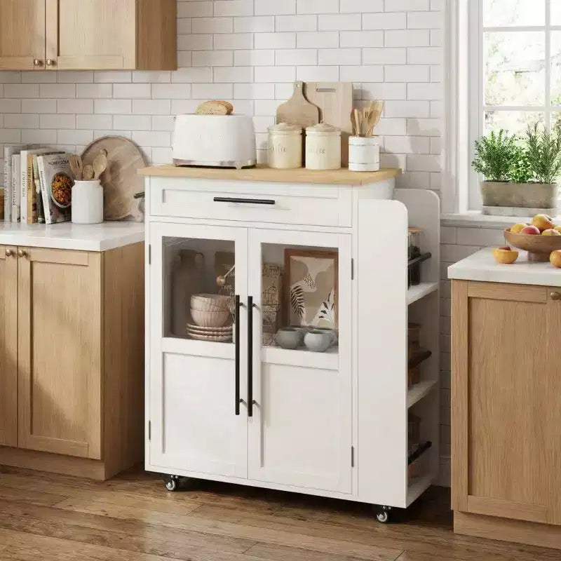 Îlot de cuisine, 48 po, Meuble bar à café rétro de style ferme avec rangement et armoire vitrée, pour salle à manger