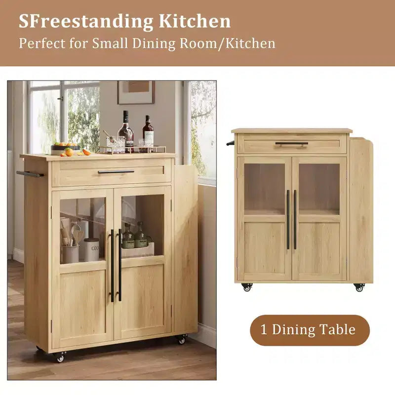 Îlot de cuisine, 48 po, Meuble bar à café rétro de style ferme avec rangement et armoire vitrée, pour salle à manger