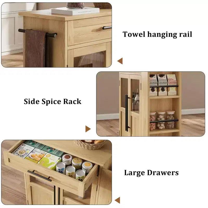 Îlot de cuisine, 48 po, Meuble bar à café rétro de style ferme avec rangement et armoire vitrée, pour salle à manger