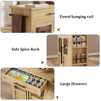 Îlot de cuisine, 48 po, Meuble bar à café rétro de style ferme avec rangement et armoire vitrée, pour salle à manger