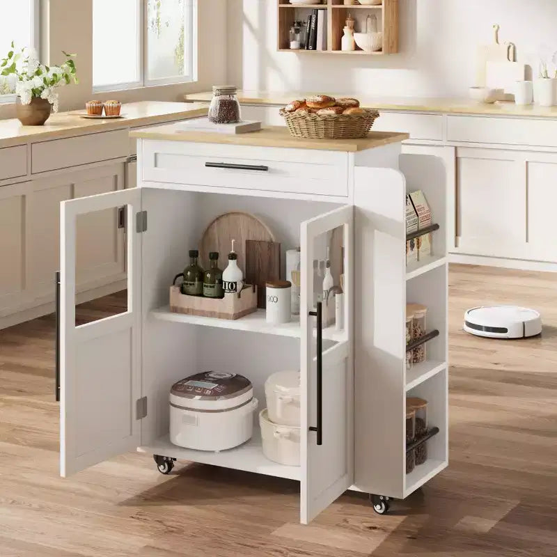 Îlot de cuisine, 48 po, Meuble bar à café rétro de style ferme avec rangement et armoire vitrée, pour salle à manger