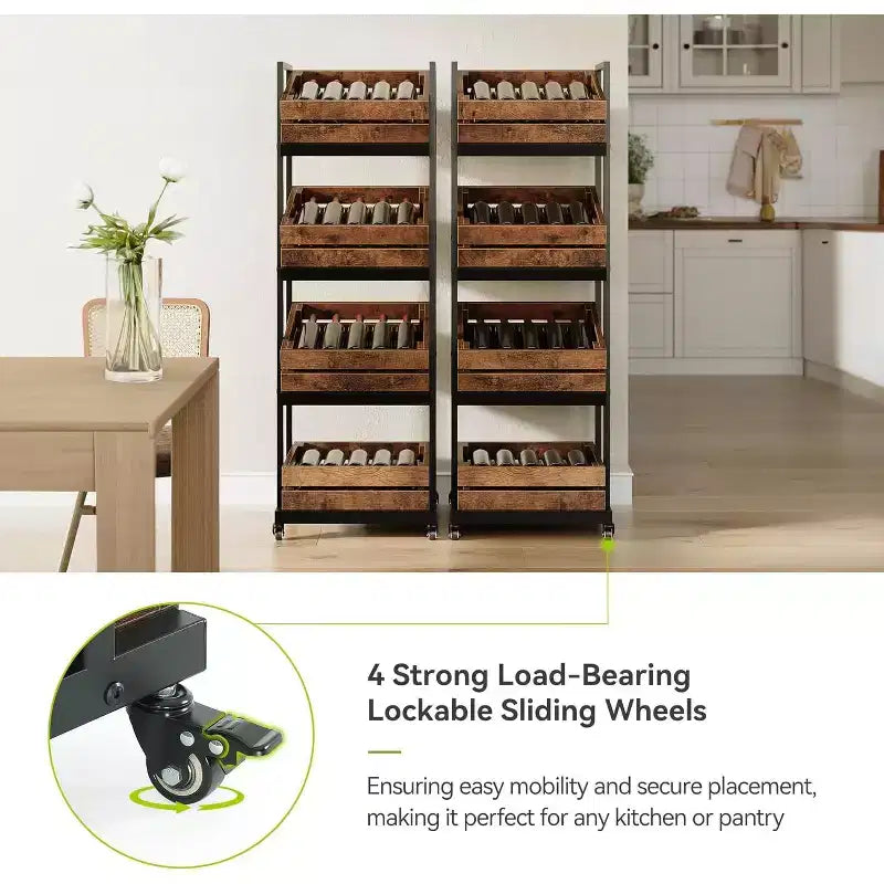 Desserte de cuisine en bois Lantine à 4 niveaux avec roulettes, rangement mobile pour fruits et légumes, étagère utilitaire, étagère de rangement pour garde-manger, chambre, salon