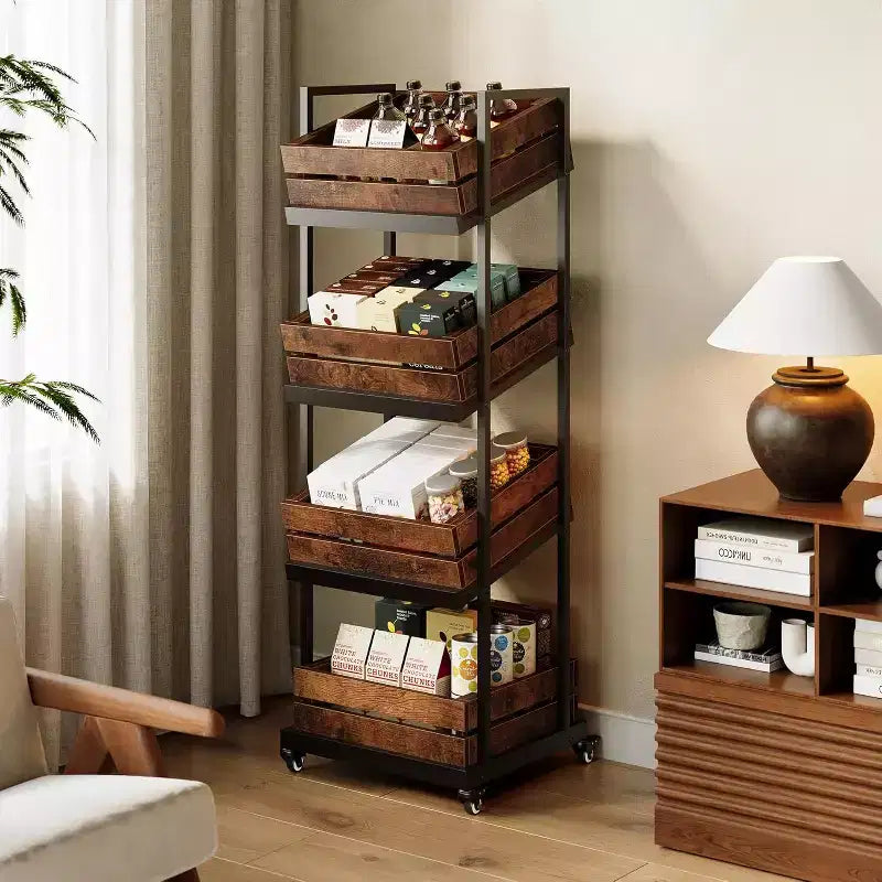 Desserte de cuisine en bois Lantine à 4 niveaux avec roulettes, rangement mobile pour fruits et légumes, étagère utilitaire, étagère de rangement pour garde-manger, chambre, salon
