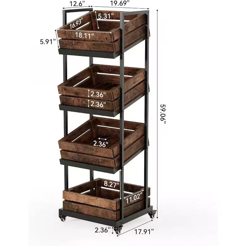 Desserte de cuisine en bois Lantine à 4 niveaux avec roulettes, rangement mobile pour fruits et légumes, étagère utilitaire, étagère de rangement pour garde-manger, chambre, salon