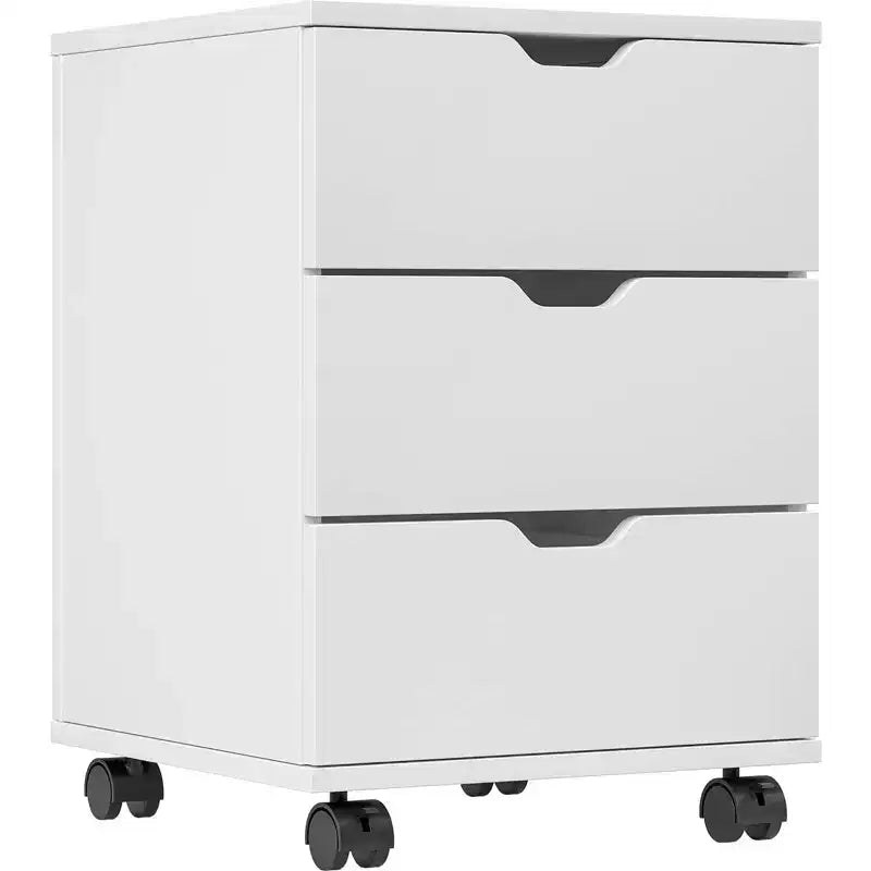 MAYEERTY Classeur vertical à 3 tiroirs avec roulettes en bois pour salon, blanc