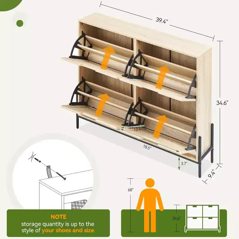 Meuble à chaussures autoportant en rotin avec quatre tiroirs rabattables, unité de rangement de chaussures dissimulée, étagère à chaussures fine et peu encombrante pour entrée, couloir, salon