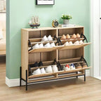 Meuble à chaussures autoportant en rotin avec quatre tiroirs rabattables, unité de rangement de chaussures dissimulée, étagère à chaussures fine et peu encombrante pour entrée, couloir, salon
