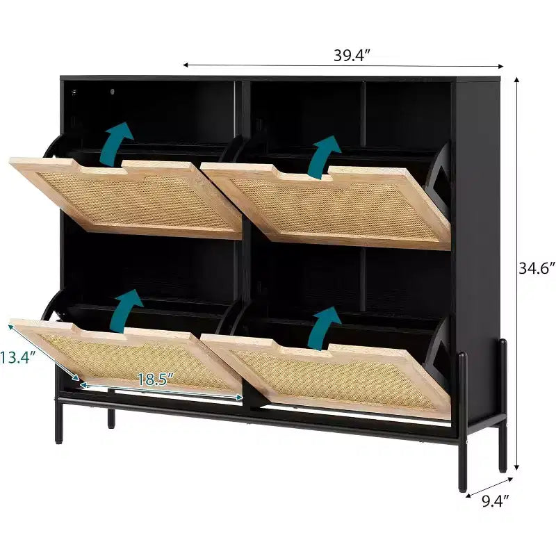 Meuble à chaussures autoportant en rotin avec quatre tiroirs rabattables, unité de rangement de chaussures dissimulée, étagère à chaussures fine et peu encombrante pour entrée, couloir, salon