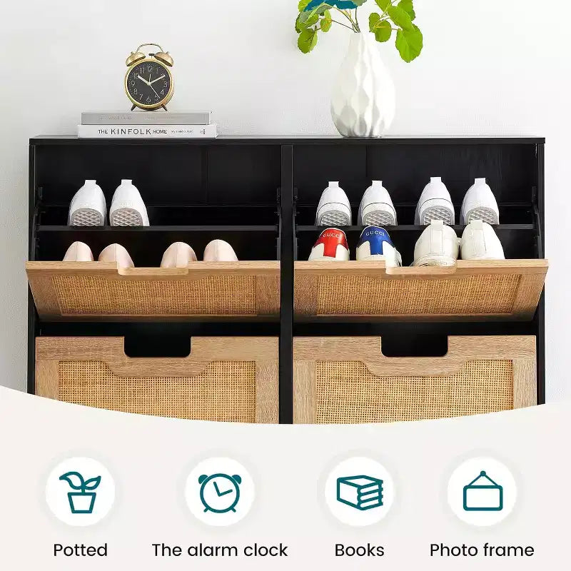 Meuble à chaussures autoportant en rotin avec quatre tiroirs rabattables, unité de rangement de chaussures dissimulée, étagère à chaussures fine et peu encombrante pour entrée, couloir, salon