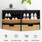 Meuble à chaussures autoportant en rotin avec quatre tiroirs rabattables, unité de rangement de chaussures dissimulée, étagère à chaussures fine et peu encombrante pour entrée, couloir, salon