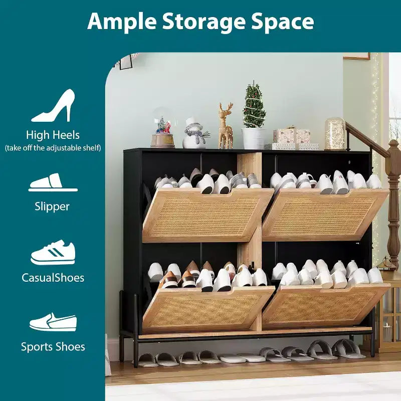 Meuble à chaussures autoportant en rotin avec quatre tiroirs rabattables, unité de rangement de chaussures dissimulée, étagère à chaussures fine et peu encombrante pour entrée, couloir, salon