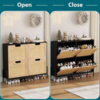 Meuble à chaussures autoportant en rotin avec quatre tiroirs rabattables, unité de rangement de chaussures dissimulée, étagère à chaussures fine et peu encombrante pour entrée, couloir, salon