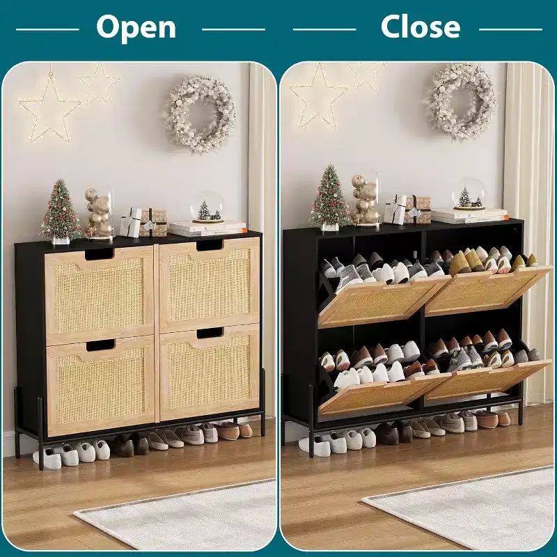Meuble à chaussures autoportant en rotin avec quatre tiroirs rabattables, unité de rangement de chaussures dissimulée, étagère à chaussures fine et peu encombrante pour entrée, couloir, salon