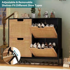 Meuble à chaussures autoportant en rotin avec quatre tiroirs rabattables, unité de rangement de chaussures dissimulée, étagère à chaussures fine et peu encombrante pour entrée, couloir, salon