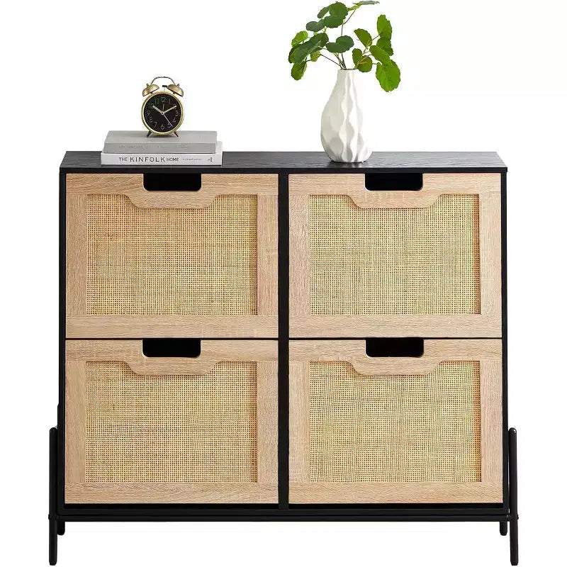 Meuble à chaussures autoportant en rotin avec quatre tiroirs rabattables, unité de rangement de chaussures dissimulée, étagère à chaussures fine et peu encombrante pour entrée, couloir, salon