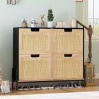 Meuble à chaussures autoportant en rotin avec quatre tiroirs rabattables, unité de rangement de chaussures dissimulée, étagère à chaussures fine et peu encombrante pour entrée, couloir, salon