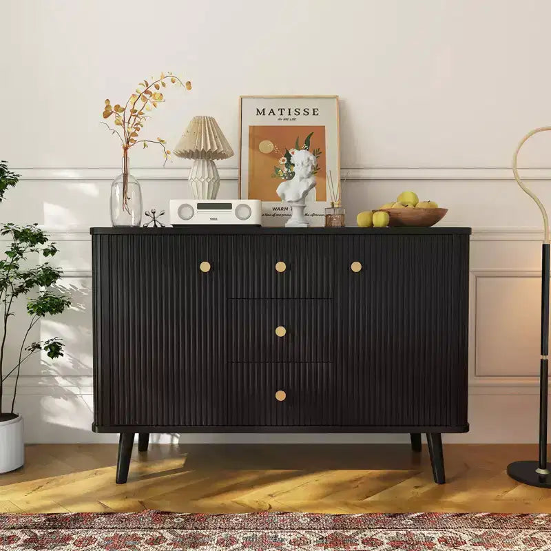 Meuble de rangement buffet cannelé de 47,2 po de large, 3 tiroirs, 2 portes et 2 étagères réglables, meuble TV moderne du milieu du siècle pour salon