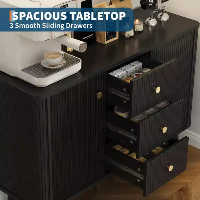 Meuble de rangement buffet cannelé de 47,2 po de large, 3 tiroirs, 2 portes et 2 étagères réglables, meuble TV moderne du milieu du siècle pour salon