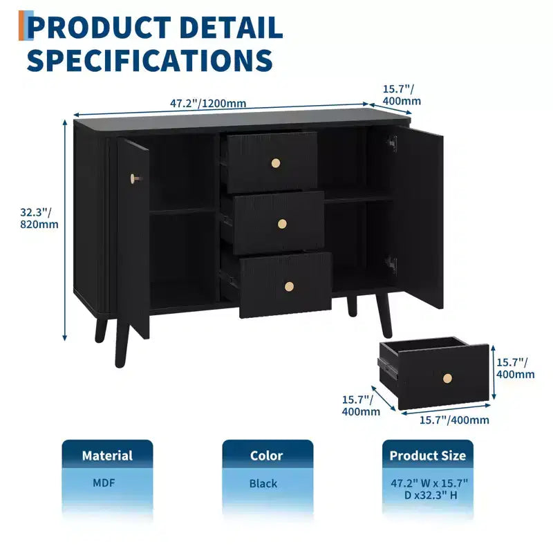Meuble de rangement buffet cannelé de 47,2 po de large, 3 tiroirs, 2 portes et 2 étagères réglables, meuble TV moderne du milieu du siècle pour salon
