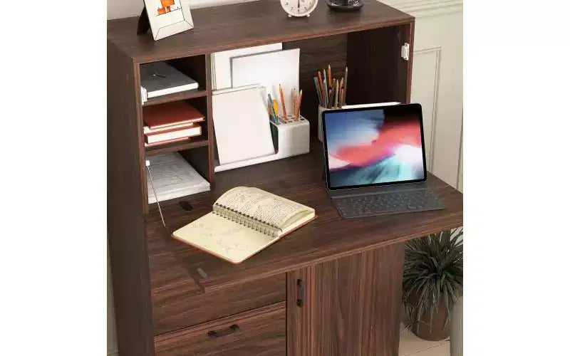 JVNOXK Meuble de bureau 31 pouces avec tiroirs de rangement et étagères, doté d'un plateau pliable, idéal pour les dortoirs et les petits espaces. Noyer