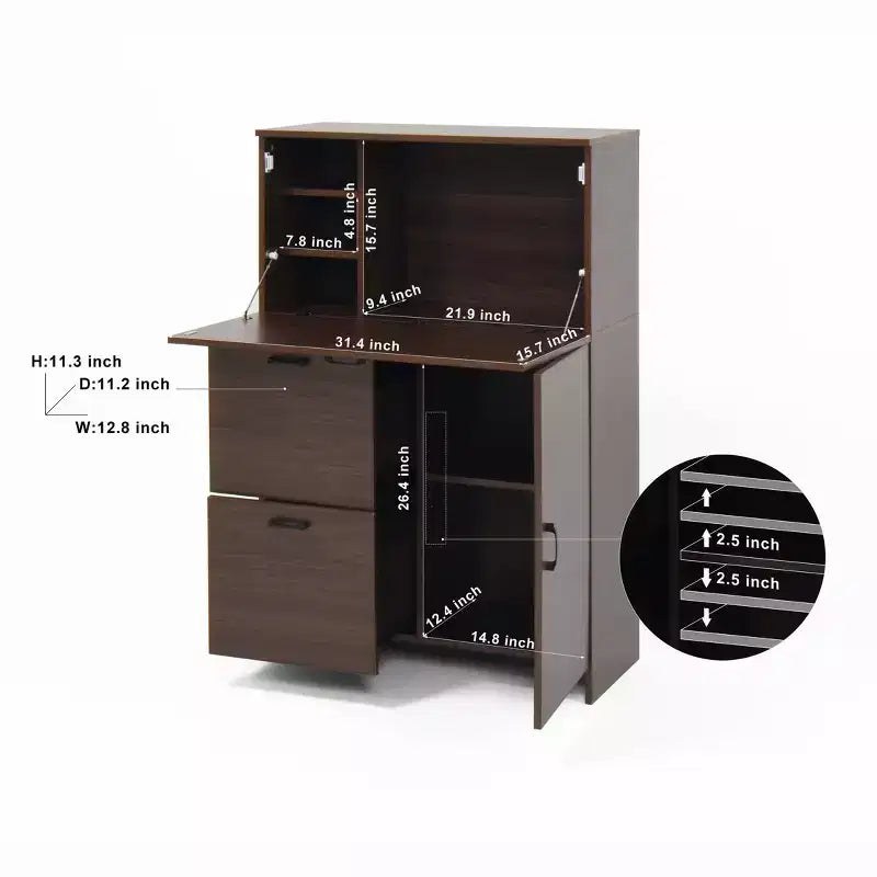JVNOXK Meuble de bureau 31 pouces avec tiroirs de rangement et étagères, doté d'un plateau pliable, idéal pour les dortoirs et les petits espaces. Noyer
