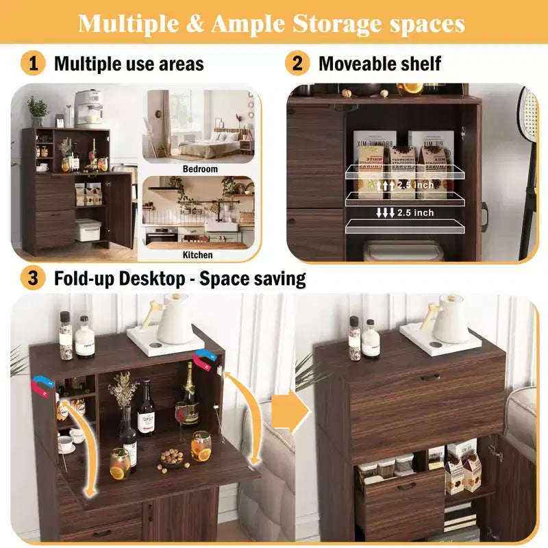 JVNOXK Meuble de bureau 31 pouces avec tiroirs de rangement et étagères, doté d'un plateau pliable, idéal pour les dortoirs et les petits espaces. Noyer