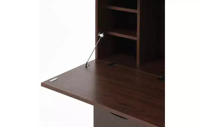 JVNOXK Meuble de bureau 31 pouces avec tiroirs de rangement et étagères, doté d'un plateau pliable, idéal pour les dortoirs et les petits espaces. Noyer