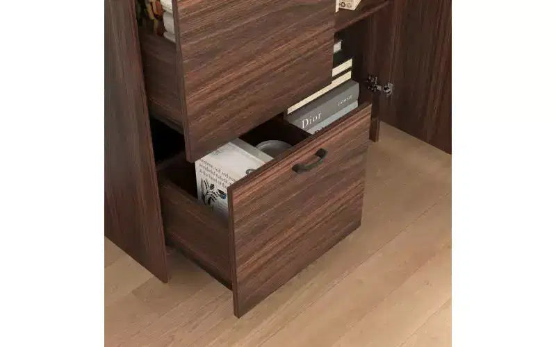 JVNOXK Meuble de bureau 31 pouces avec tiroirs de rangement et étagères, doté d'un plateau pliable, idéal pour les dortoirs et les petits espaces. Noyer