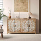 MAYEERTY 60 Wood Accent Cabinet with 4 Doors Brown and Antique White Modern Pantry Cabinet for Living Room Bedroom