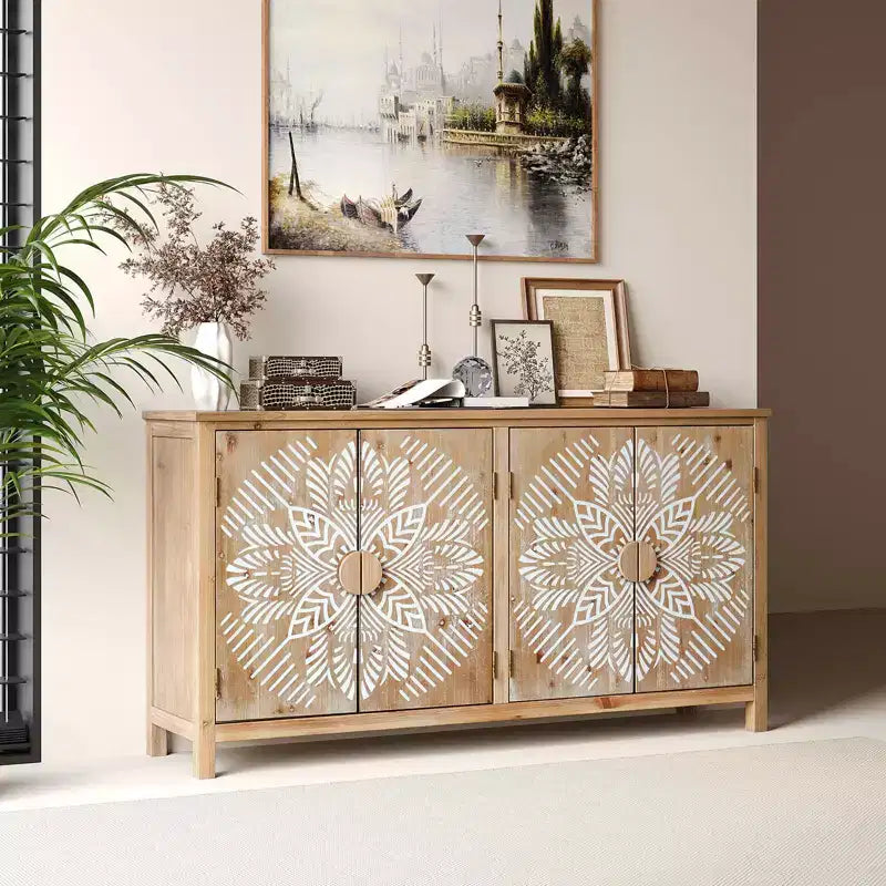 MAYEERTY Armoire d'appoint en bois de 152 cm avec 4 portes Marron et blanc antique Armoire de rangement moderne pour salon et chambre à coucher