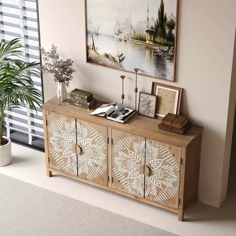 MAYEERTY Armoire d'appoint en bois de 152 cm avec 4 portes Marron et blanc antique Armoire de rangement moderne pour salon et chambre à coucher