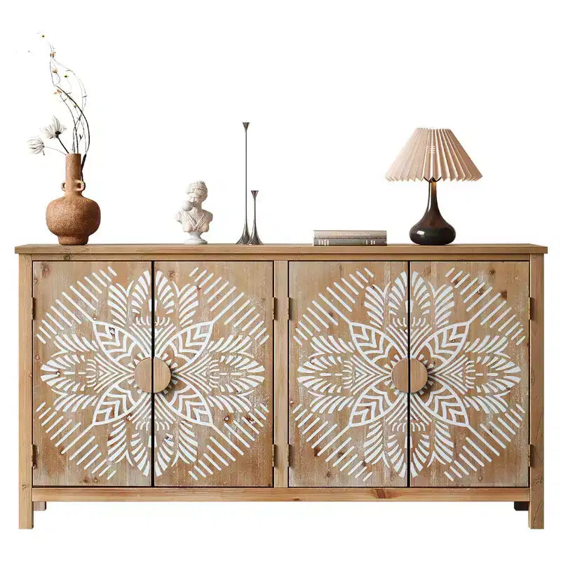 MAYEERTY Armoire d'appoint en bois de 152 cm avec 4 portes Marron et blanc antique Armoire de rangement moderne pour salon et chambre à coucher