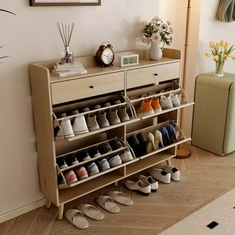 Meuble à chaussures, organisateur d'entrée étroit de style fermette avec 4 tiroirs basculants et 2 tiroirs standards, portes en rotin