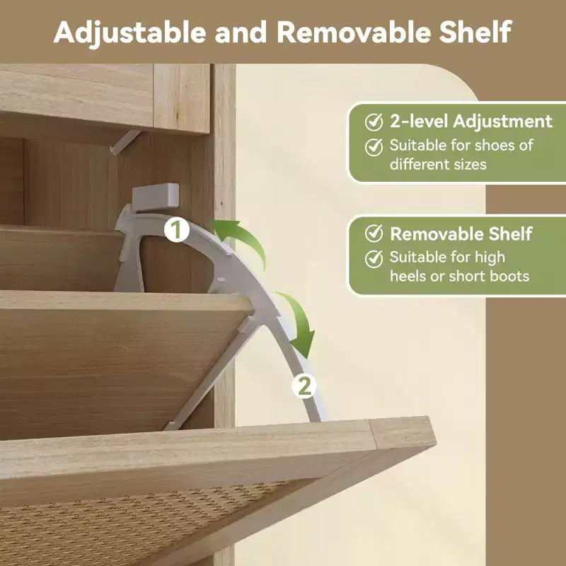Meuble à chaussures, organisateur d'entrée étroit de style fermette avec 4 tiroirs basculants et 2 tiroirs standards, portes en rotin