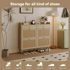 Meuble à chaussures, organisateur d'entrée étroit de style fermette avec 4 tiroirs basculants et 2 tiroirs standards, portes en rotin
