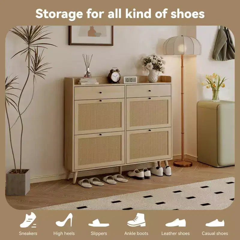 Meuble à chaussures, organisateur d'entrée étroit de style fermette avec 4 tiroirs basculants et 2 tiroirs standards, portes en rotin