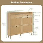 Meuble à chaussures, organisateur d'entrée étroit de style fermette avec 4 tiroirs basculants et 2 tiroirs standards, portes en rotin