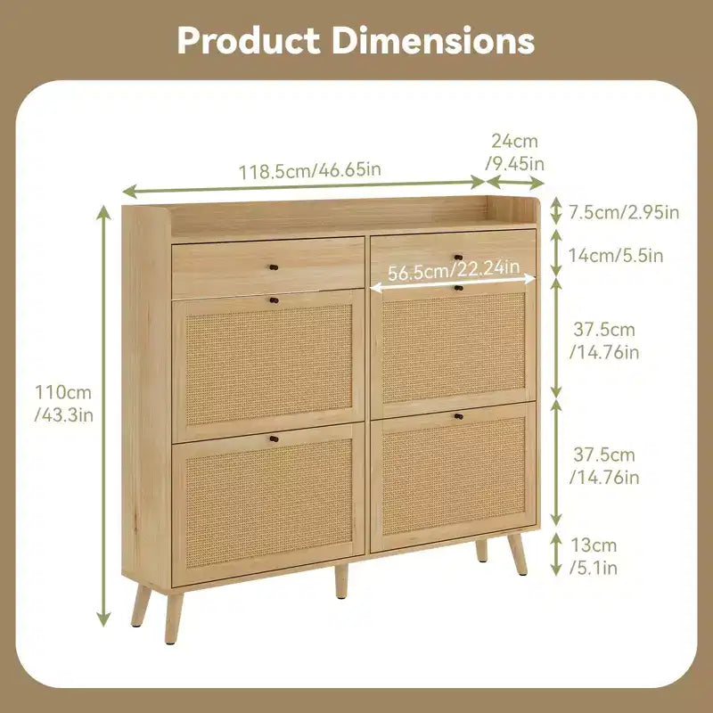 Meuble à chaussures, organisateur d'entrée étroit de style fermette avec 4 tiroirs basculants et 2 tiroirs standards, portes en rotin