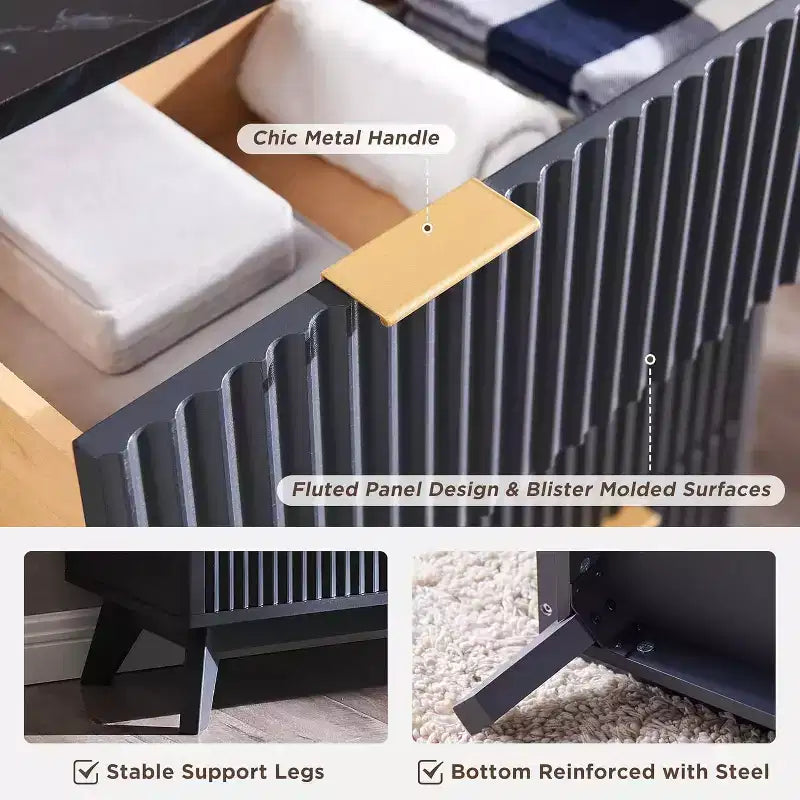 Commode à 6 tiroirs cannelée pour chambre à coucher, commode moderne avec poignées en métal, profil incurvé, organisateur de rangement en bois