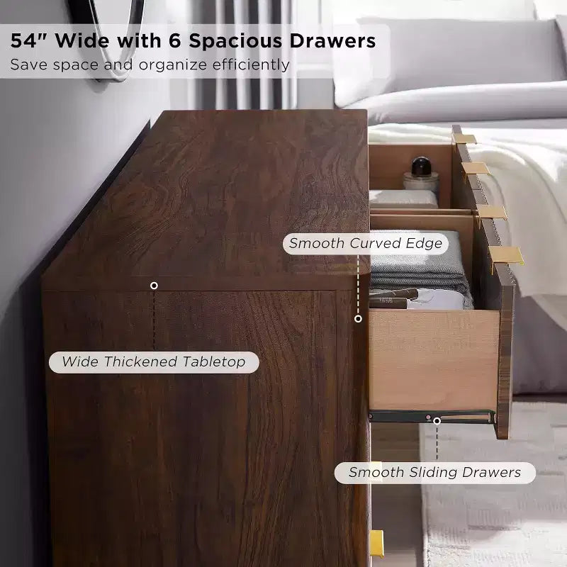Commode à 6 tiroirs cannelée pour chambre à coucher, commode moderne avec poignées en métal, profil incurvé, organisateur de rangement en bois