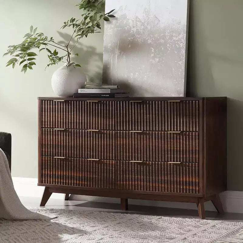 Commode à 6 tiroirs cannelée pour chambre à coucher, commode moderne avec poignées en métal, profil incurvé, organisateur de rangement en bois
