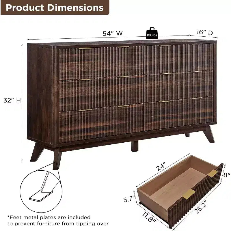 Commode à 6 tiroirs cannelée pour chambre à coucher, commode moderne avec poignées en métal, profil incurvé, organisateur de rangement en bois