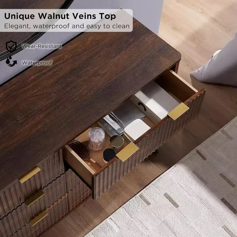 Commode à 6 tiroirs cannelée pour chambre à coucher, commode moderne avec poignées en métal, profil incurvé, organisateur de rangement en bois