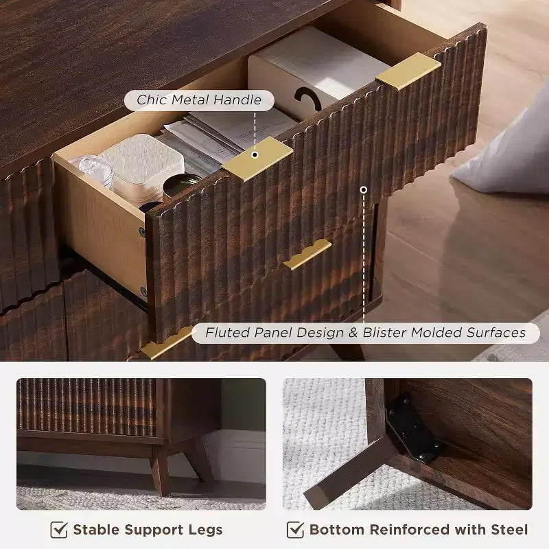 Commode à 6 tiroirs cannelée pour chambre à coucher, commode moderne avec poignées en métal, profil incurvé, organisateur de rangement en bois