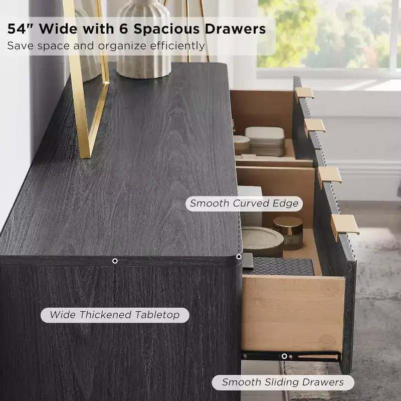 Commode à 6 tiroirs cannelée pour chambre à coucher, commode moderne avec poignées en métal, profil incurvé, organisateur de rangement en bois