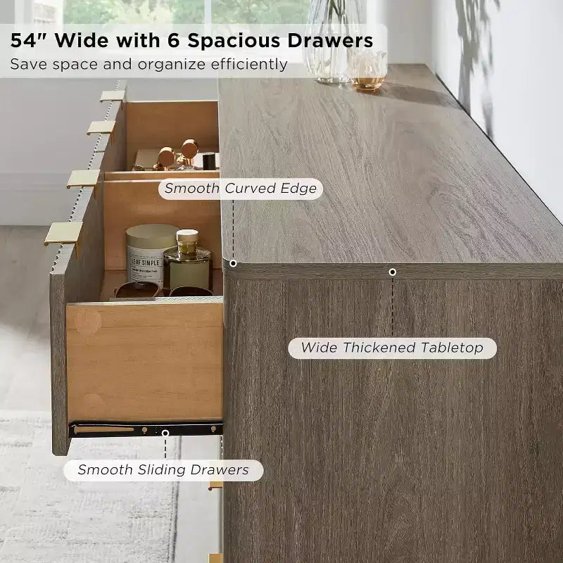 Commode à 6 tiroirs cannelée pour chambre à coucher, commode moderne avec poignées en métal, profil incurvé, organisateur de rangement en bois