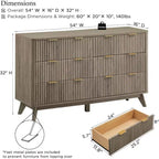 Commode à 6 tiroirs cannelée pour chambre à coucher, commode moderne avec poignées en métal, profil incurvé, organisateur de rangement en bois