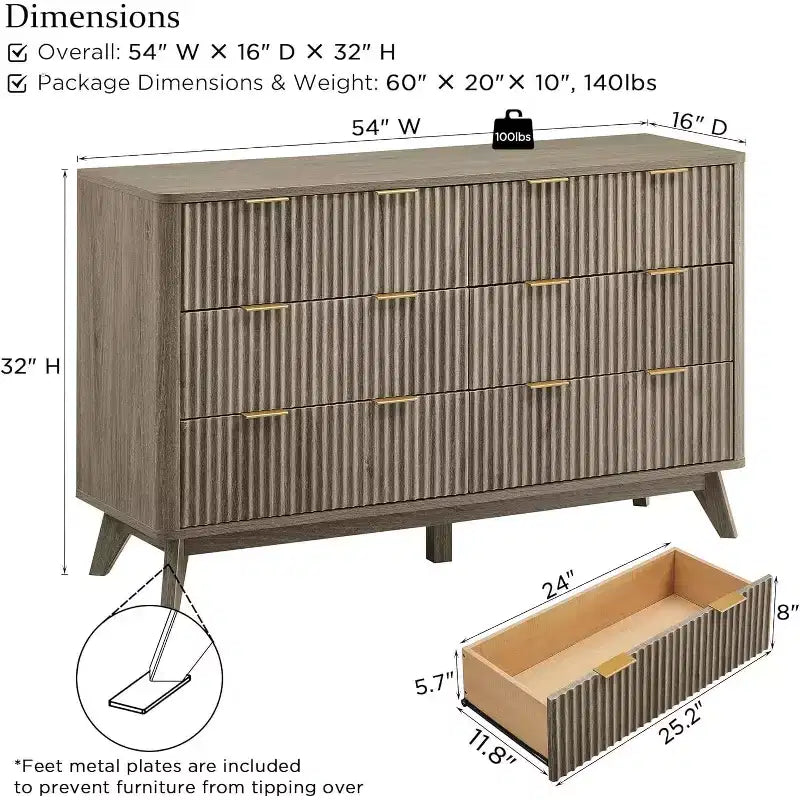 Commode à 6 tiroirs cannelée pour chambre à coucher, commode moderne avec poignées en métal, profil incurvé, organisateur de rangement en bois