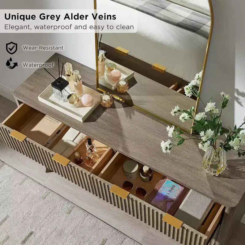 Commode à 6 tiroirs cannelée pour chambre à coucher, commode moderne avec poignées en métal, profil incurvé, organisateur de rangement en bois