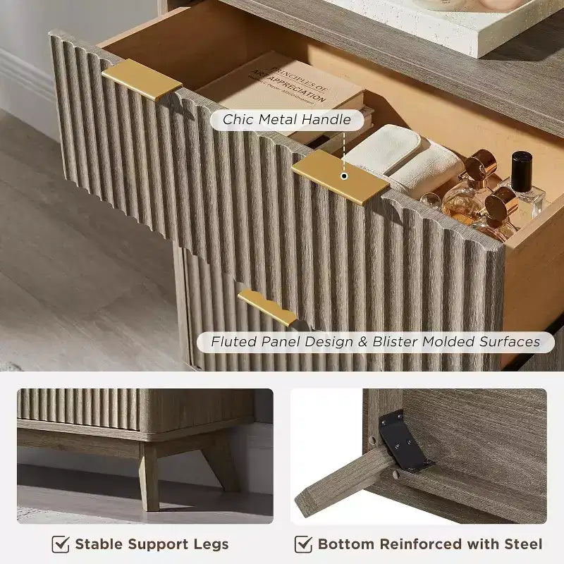 Commode à 6 tiroirs cannelée pour chambre à coucher, commode moderne avec poignées en métal, profil incurvé, organisateur de rangement en bois